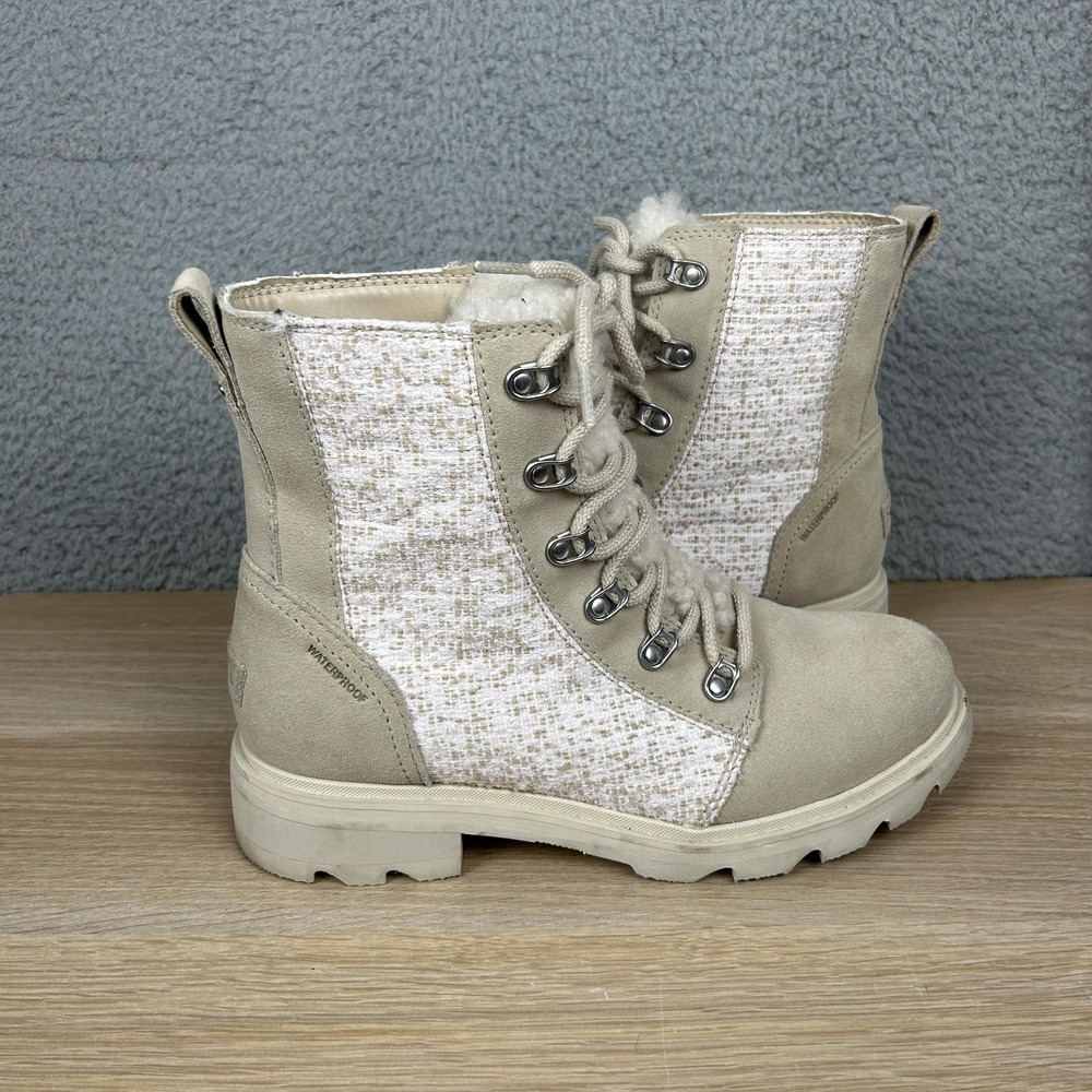 Sorel Lennox Boots Womens Size 8.5 Beige Waterproof Fleece Lined Lace Up